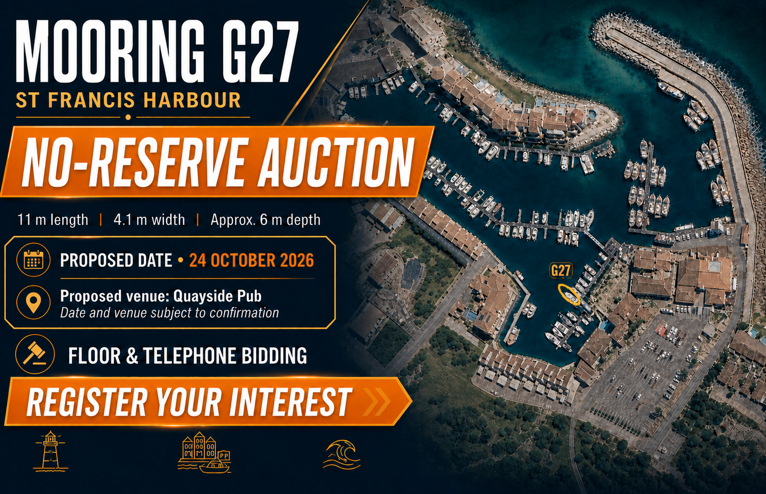 Aerial view of St Francis Harbour showing the exact G27 mooring